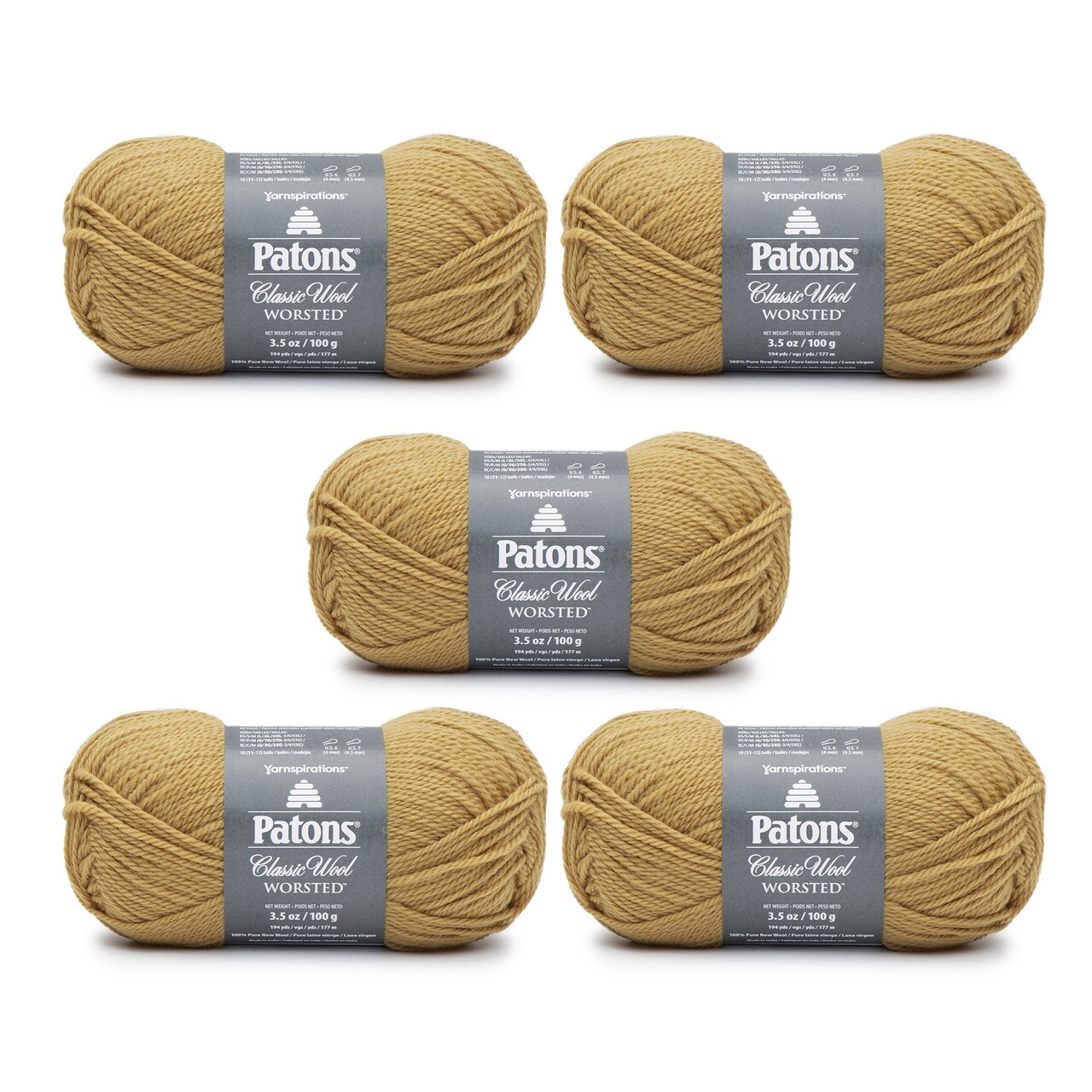 Patons Classic Wool Honey Yarn - 5 Pack of 3.5oz/100g - Wool - 4 Medium - 210 Yards - Knitting/Crochet